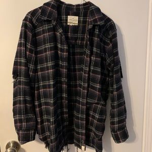 Black Distressed Flannel with Embroidery